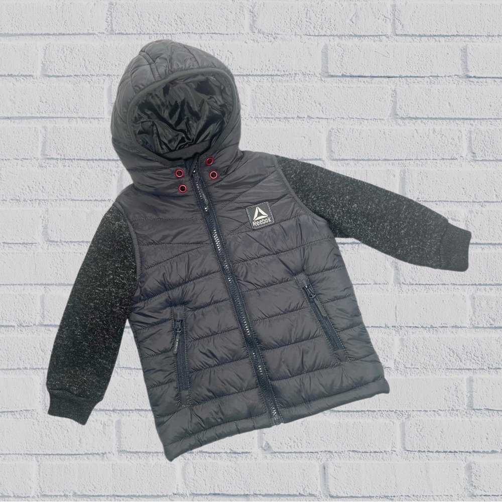 Reebok 2T Gray Puffer Jacket, Hooded Full-Zip Vest With Sleeves, Activewear